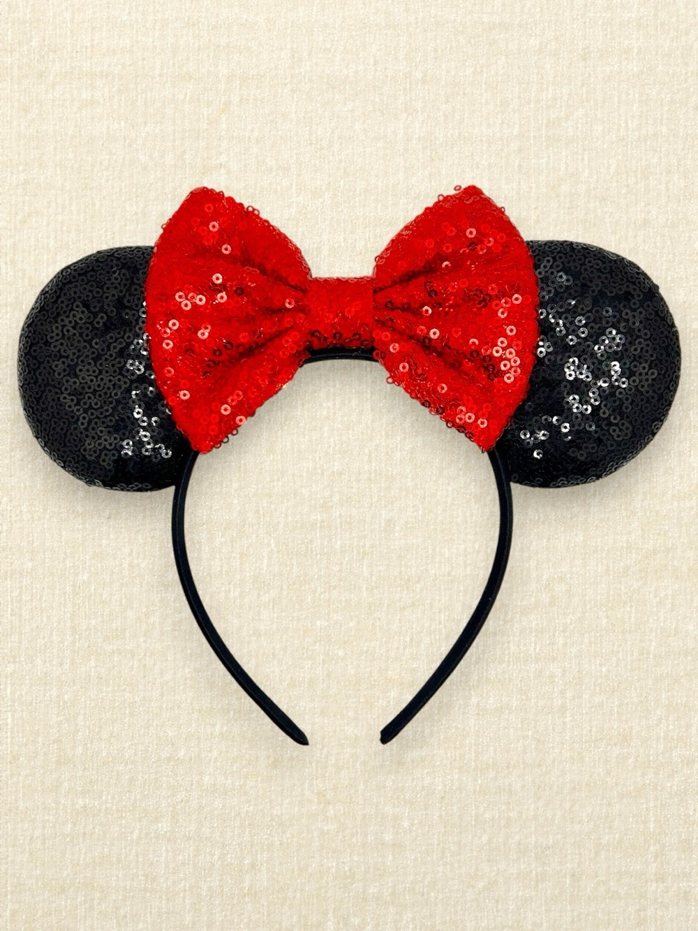 Black Sequin Minnie Ears – Red Bow | Disney-Inspired Mouse Ears